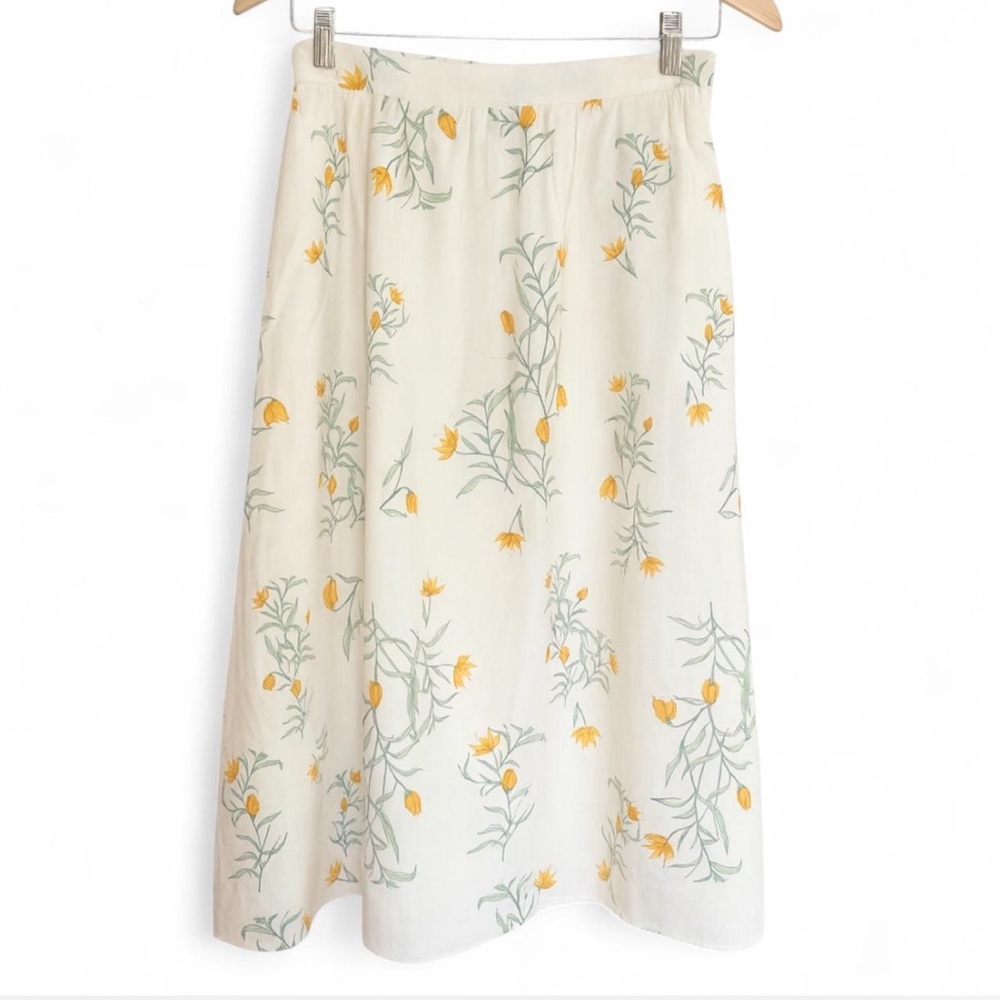 Joie Yellow Floral Linen Midi Skirt, Size L NWOT Cottagecore